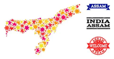 Star Mosaic Map of Assam State and Grunge Watermarks Illustrazione stock