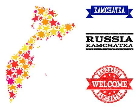 Star Mosaic Map of Kamchatka Peninsula and Grunge Stamps Stock Illustration