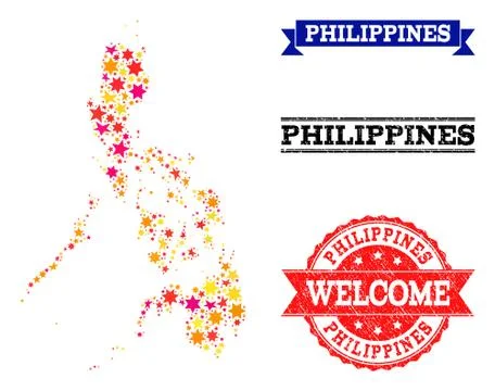 Star Mosaic Map of Philippines and Grunge Watermarks Stock Illustration