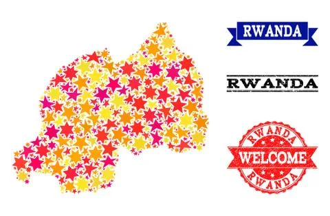 Star Mosaic Map of Rwanda and Grunge Stamps Stock Illustration