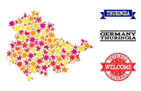 Star Mosaic Map of Thuringia State and Grunge Watermarks Illustrazione stock