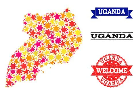 Star Mosaic Map of Uganda and Grunge Watermarks Stock Illustration