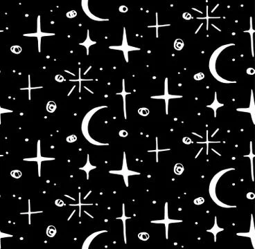 Star night seamless pattern, black, white, vector Stock Illustration