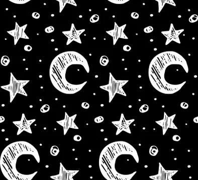 Star night seamless pattern, black, white, vector Stock Illustration