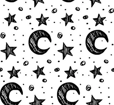 Star night seamless pattern, black, white, vector Stock Illustration