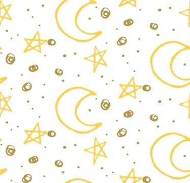Star night seamless pattern, yellow, white, vector Stock Illustration