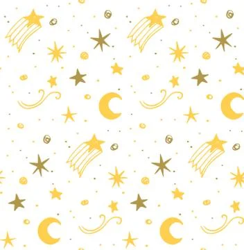 Star night seamless pattern, yellow, white, vector Stock Illustration