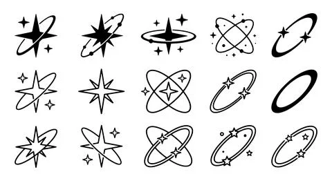 Star Orbit Cosmic Space Line Art Icon Set with Astral Galaxy Symbols Illustrazione stock