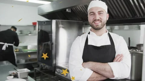 Star overlay starting, chef posing front, line cook prepping, golden stars Video stock 333509989