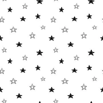 Star seamless pattern, black and white hand-drawn tree doodle digital paper Stock Illustration