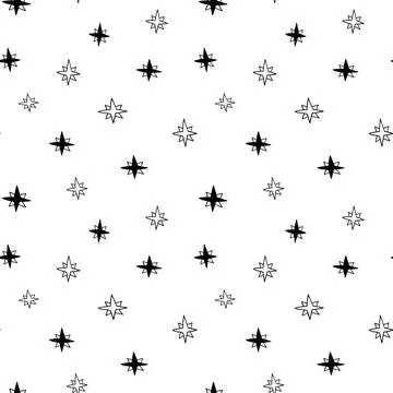 Star seamless pattern, black and white hand-drawn tree doodle digital paper Stock Illustration
