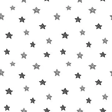 Star seamless pattern, black and white hand-drawn tree doodle digital paper Stock Illustration