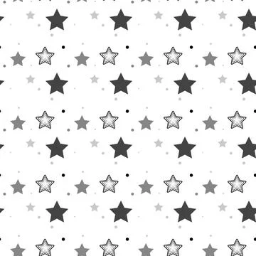 Star seamless pattern. Black and grey retro background. Chaotic elements. A.. Illustrazione stock