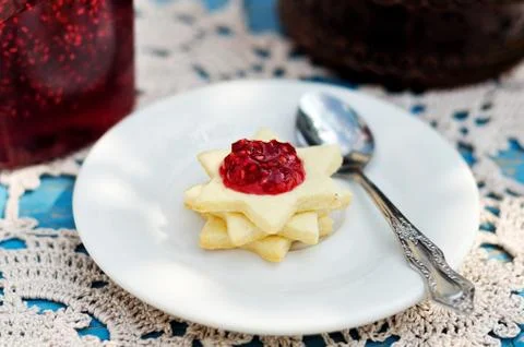 Star Shaped Biscuits with Raspberry Jam Stock Photos