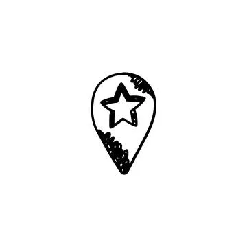 Star shaped pin map marker, black and white hand drawn vector icon. Location Illustrazione stock