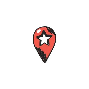Star shaped red map pin vector icon, hand drawn sketch. Location marker drawing Ilustración de archivo
