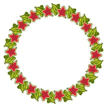 Star shaped watermelon round frame, vector summer fruit wreath with stars Stock Illustration