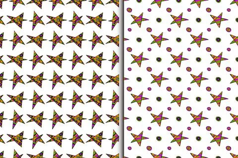 Star shapes seamless patterns, collection of 2. Hand-drawn doodle cartoon design Stock Illustration