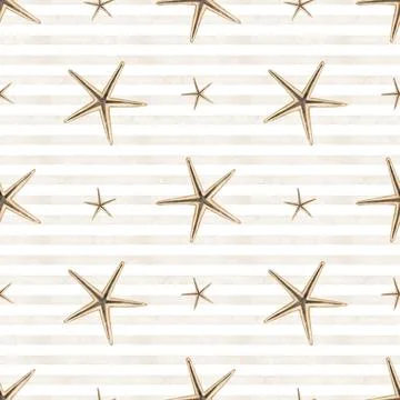 Star shell seamless Pattern on striped background. Hand drawn watercolor Stock Illustration
