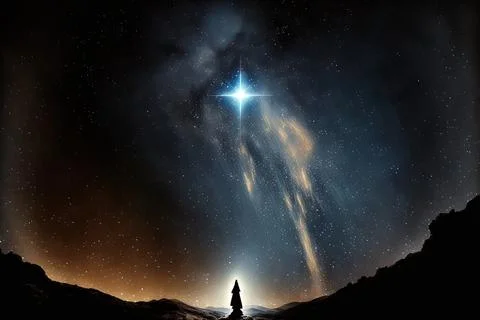 The star is shining over Jesus Christ's Christmastime nativity. Generative AI Stock Illustration