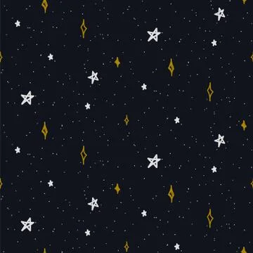 Star sky seamless vector pattern background blue and gold shapes in hand drawn 스톡 일러스트