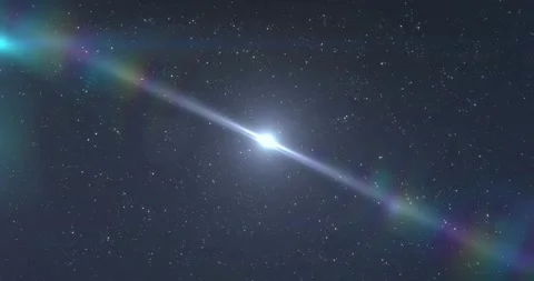 Star-like source brightening and sending diagonal beam, creating rainbow flares Video stock 329700672