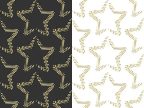 Star, stripes seamless pattern. Hand drawn doodle ink brush stroke, gold color 스톡 일러스트