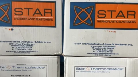 Star Thermoplastic Elastomer boxes stacked. boxes of plastic polymer Stock Footage 256278871