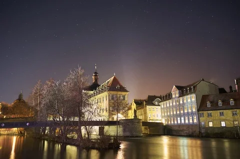 Star time lapse over Bamberg Old Town Hall at night Stock Footage 71896724