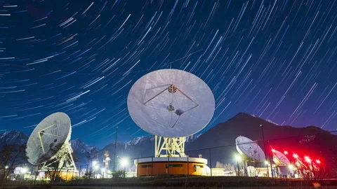 Star Trail Timelapse over Space Communication Center Stock Footage 171994976
