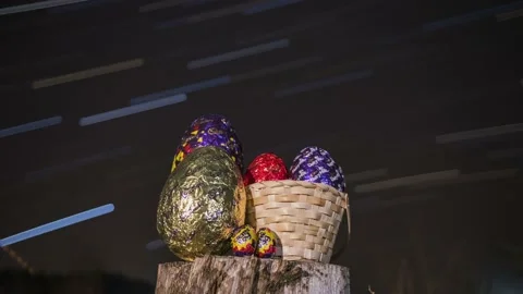 Star trails behind Easter Eggs in this night shoot Video stock 151526104