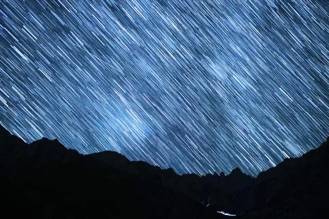 Star Trails Falling Down Mt Whitney Perseids Meteor Shower at 24mm Stock Photos