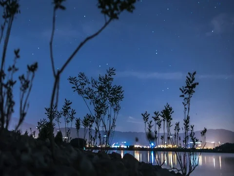 Star Trails at the lake Stock Footage 75036383