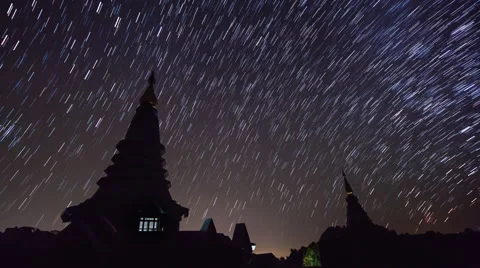 Star Trails Over King and Queen Pagoda Of Doi Inthanon Chiang Mai, Thailand Stock Footage 51360529