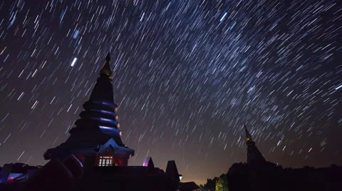 Star Trails Over King and Queen Pagoda Of Doi Inthanon Chiang mai, Thailand (up) Stock Footage 51476434