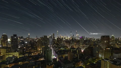 Star Trails Over Manhattan with Text of Planets (Second of Two) Stock Footage 220315345