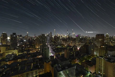 Star Trails Over Manhattan with Text of Planets (Second of two) Stock Footage 220315593