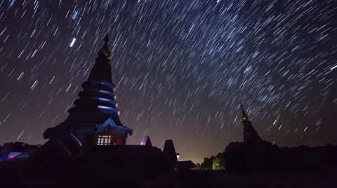 Star Trails Over Pagoda Of Doi Inthanon Chiang Mai, Thailand (pan shot) Stock Footage 51435910