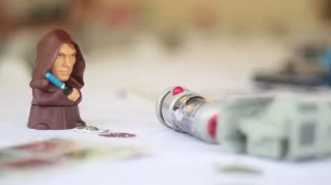 Star wars action figures on table rack focus tie-fighter Video stock 11149342