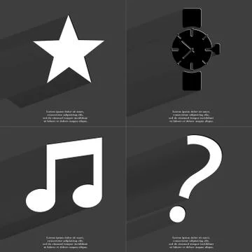 Star, Wrist watch, Note, Exclamation mark icon sign. Set of Symbols with Flat 库存插图