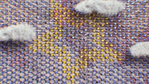 Star of yellow pins in a dense violet pin field with clouds Stock Footage 346778245