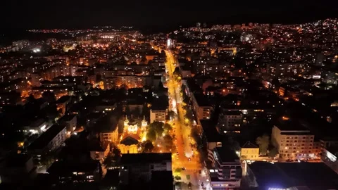 Stara zagora night drone view back move Stock Footage 254248991