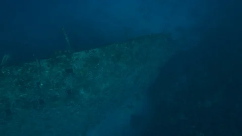 Starboard of the shipwreck Carnatic with diver, Red Sea, Egypt Stock Footage 88399663