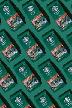 Starbucks coffee packaging. Green pattern background. House blend coffee bean Stock Photos