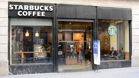 Starbucks coffee on the rambla in Barcelona. Stock Footage