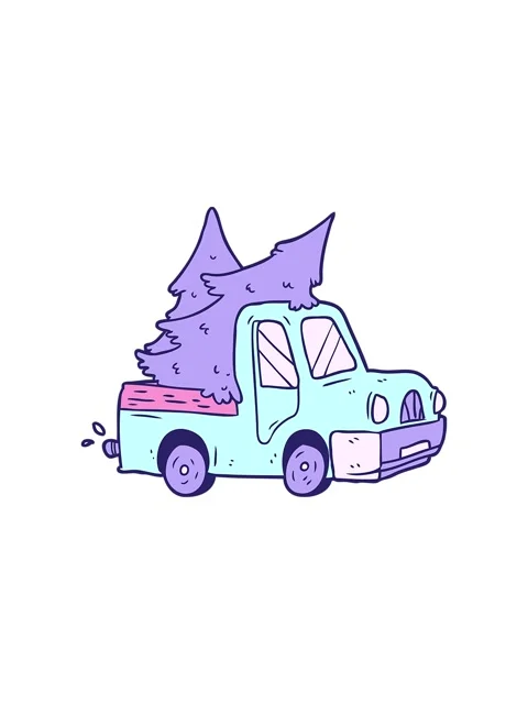Starburst effect animation of cartoon pickup truck carrying christmas trees Stock Footage 324361771
