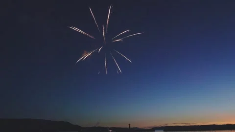 Starburst firework blossoming wide over twilight sea horizon Stock Footage 340632654