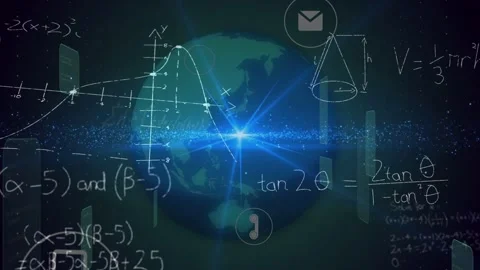 Starburst intensifying, globe rotating, panels sliding, icons fading, math Stock Footage 335761888