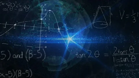 Starburst pulsing, clear globe spinning, chalk drawing graphs and equations to Stock Footage 335761879