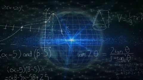 Starburst pulsing sparking wireframe globe rotating while math notations Stock Footage 335761867